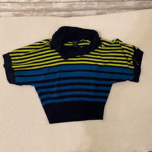 It's Our Time Women's Blue Green Stripes Crown Neck Short Sleeve Sweater